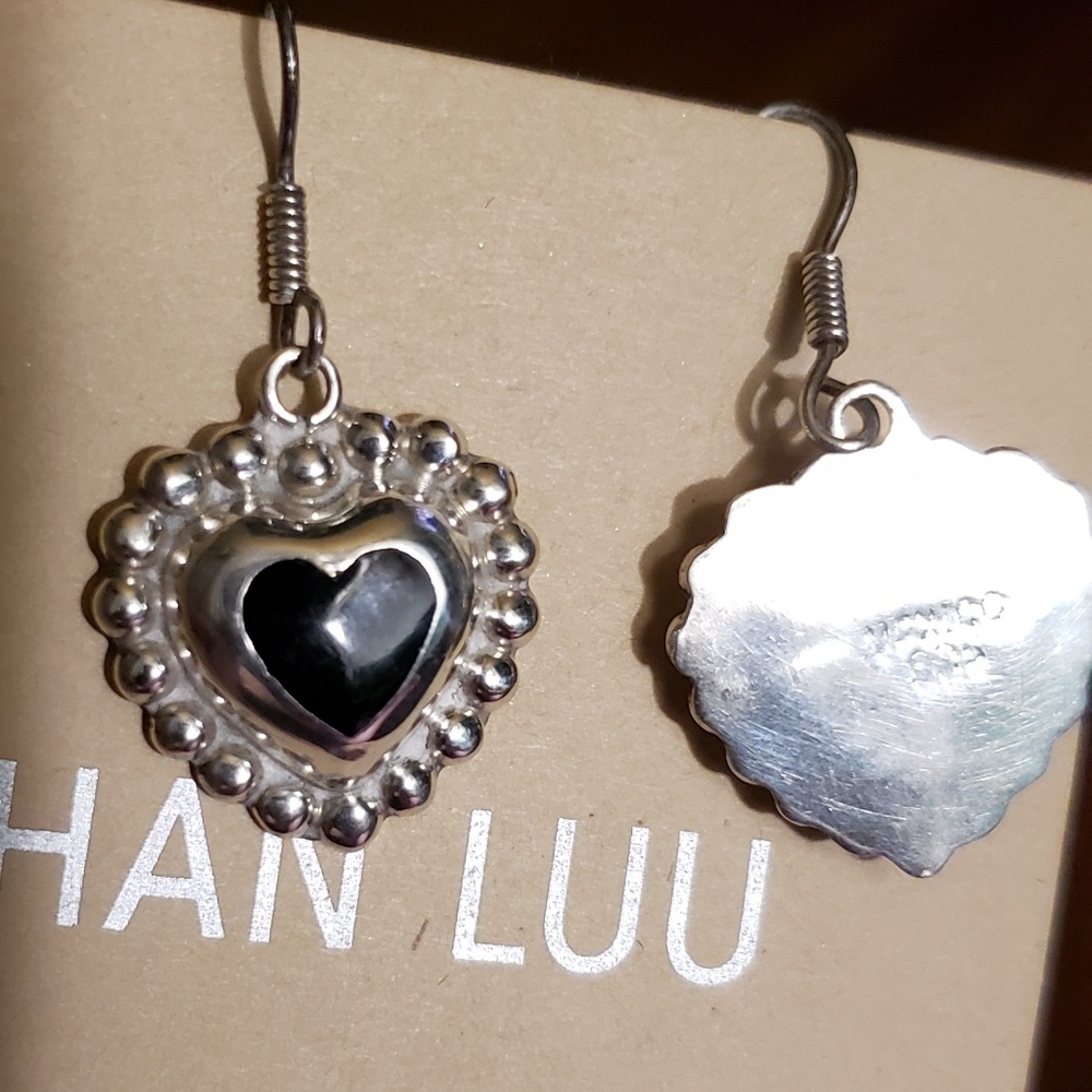 Onyx and sterling silver heart shape earrings